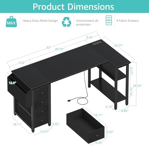 Lufeiya L Shaped Gaming Desk with Drawers & Storage Shelves, 63 Inch Corner Computer Desk with Power Outlet for Home Office Bedroom, L-Shaped Teen PC Desks with Fabric Drawer, Black - Image 3