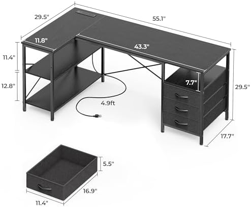 Huuger L Shaped Office Desk with Power Outlets & 3 Drawers - Image 3