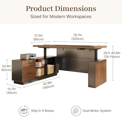 79" L-Shaped Executive Standing Desk with File Drawer, Dual Motors, Power - Image 2