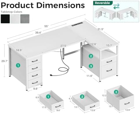 Coleshome 55 Inch L Shaped Office Desk with 6 Drawers, Power Outlet, White - Image 3