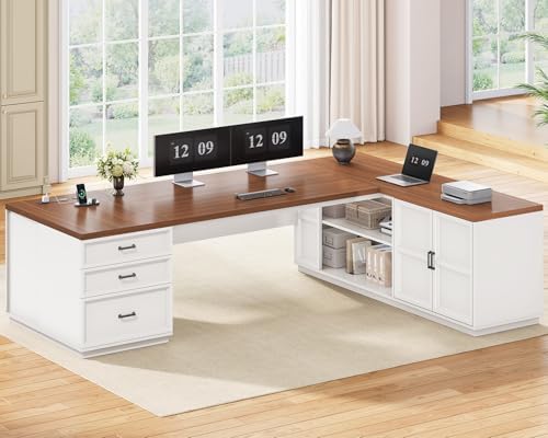 SEDETA 78.7" L Shaped Executive Desk with Charging Station, Large Home Office Computer Desk with File Drawers & Adjustable Storage Cabinet, CPU Stand, Modern L Desk for Business, White + Brown by SEDETA