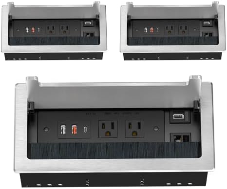 Kungfuking 3Pack Conference Table Power Hub, Outlet Multimedia Connectivity Box with 1 HDMI + 1 RJ45 + 20W USB C + 2 USB A + 2 AC Outlets, Heavy Duty Metal for Countertop Office UL Listed by Kungfuking