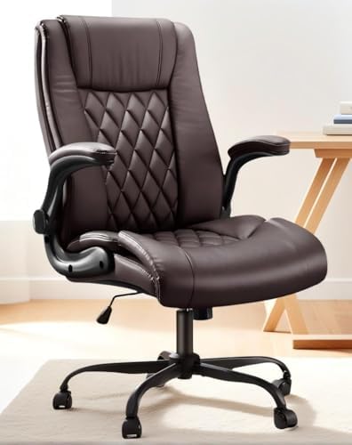 Marsail Executive Office Chair Ergonomic Desk Chair with Flip-up Armrests PU Leather Height-Adjustable Swivel Rolling Brown by Marsail