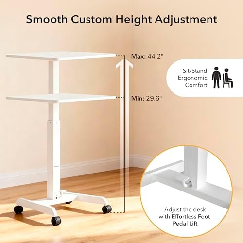 Mount-It! Adjustable Rolling Laptop Desk, Mobile Standing Desk with Wheels, Small Sit-Stand Computer Cart for Home, Office, or Classroom, 29.6–44.2" Height, 23.6"x20.5" Desktop, White - Image 4
