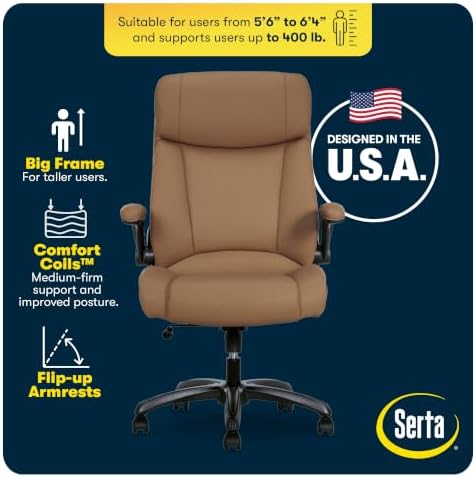 Serta Big and Tall Office Chair with Lumbar Support, Flip Arm Leather Chair - Image 4