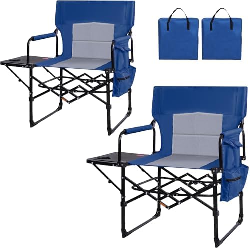 Romswi 2Pack Director Chairs for Outdoor, Folding Camping Chair, Compact Directors Chair Side Table and Side Bag, Heavy Duty Oversize Chair for Beach Fishing Picnic, Holds up to 400 lbs Blue by Romswi