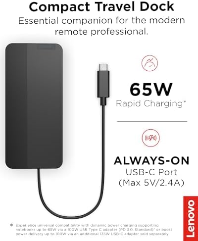 Lenovo USB-C Dual Display Travel Dock w/ 100W Power Adapter - 7 Ports, Integrated USB-C Cable, Universal Compatibility, Dual Displays at 4K - Black - Image 2