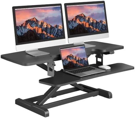 SANODESK 42" Electric Standing Desk Converter, Height Adjustable Riser for Office Home,Dual Monitor and Laptop Workstation with Large Keyboard Tray, Black Color by sanodesk