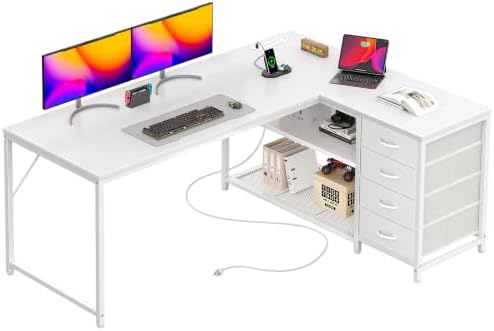 PRAISUN 53" L Shaped Desk with Power Outlets & 4 Drawers by PRAISUN