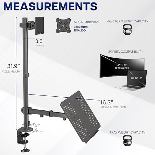 VIVO Extra Tall Desk Mount for up to 49 inch Ultrawide and Tray for up to 17 inch Laptop, Clamp-on Adjustable Stand Holds 44 lb Screens, VESA up to 100x100, Black, STAND-V012C - Image 3