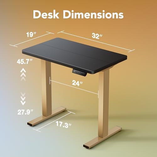 HUANUO 32" Small Electric Standing Desk Adjustable Height, 4 Memory Height Settings, Sit Stand Up Desk for Home Office & Computer Workstation, Black and Gold Frame - Image 2