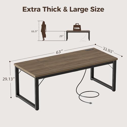 Mericonia 63 Inch Computer Desk with Power Outlets, 1.2" Thick Office Table - Image 2