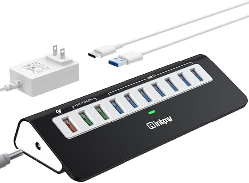 Powered USB Hub 10Gbps, 10 Port USB 3.2 Gen 2 Hub with 7 USB 3.2 Data Ports, 3 Fast Charging Ports, 36W Power Adapter, Type A and Type C Cable, Aluminum USB Hub for Laptop, Mac, PC by intpw