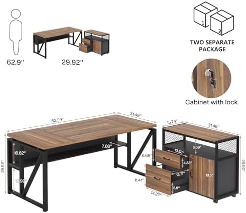 Tribesigns 63" Executive with Drawer Cabinet, L Shaped Desk and Lock lateral File Cabinet, 2 Piece Home Office Furniture Set with Drawers for Hanging File, (Brown, 63 inches) - Image 2