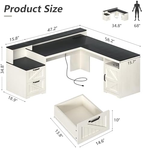 63" Farmhouse L Shaped Desk with Drawers & Printer Shelf for Home Office - Image 2