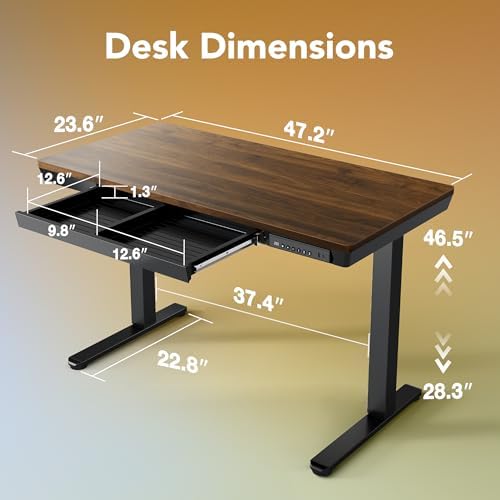 HUANUO Electric Standing Desk with Drawers, 48 X 24 Inch Electric Adjustable Height Desk, Quick Install One-Piece Tabletop with USB Charging Ports, Sit to Stand Up Desk for Home Office, Black Walnut - Image 2