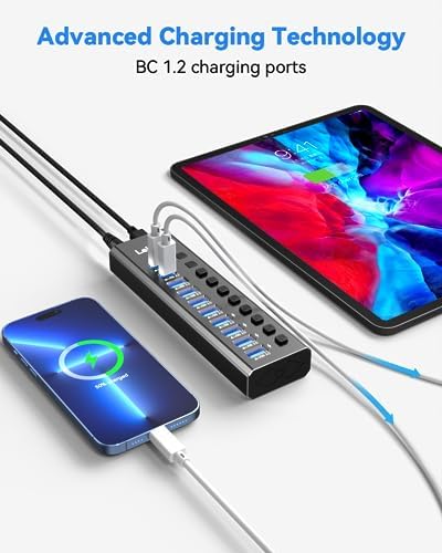 Powered USB Hub 3.2, LEINSIS 10-Port USB 3.2/USB C Hub (10Gbps USB-A 3.2 +2 USB-C 3.2 +7 USB 3.0 Ports) with Individual On/Off Switches and 12V Power Adapter, Aluminum USB Hub Powered for Laptop PC - Image 6