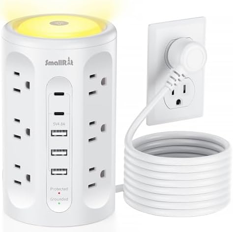 Power Strip with Night Light, Extension Cord with Multiple Outlets (12AC+3A+2C), 10 FT Desk Power Strip Tower Charging Station for Home, Office, College Dorm Essentials by SMALLRT