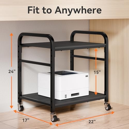 niffgaff 2 Tier Under Desk Printer Stand with Storage, 22" Rolling Printer Cart with Lockable Wheels, Height Adjustable Shelf for Home Office, Black - Image 7