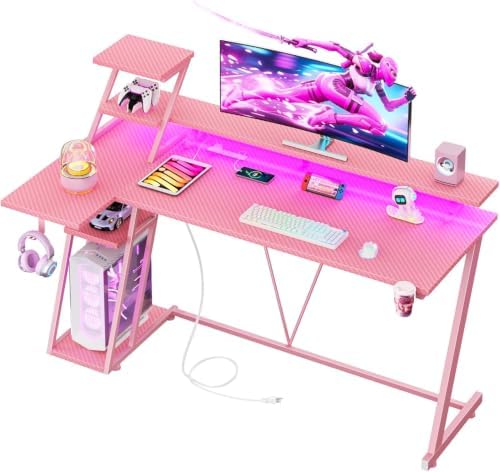 Korfile 55 Inch Pink Gaming Desk with LED Lights & Power Outlet, Gaming Computer Desk with Storage Shelves, L Shaped Gamer Workstations with Monitor Stand for Bedroom by Korfile