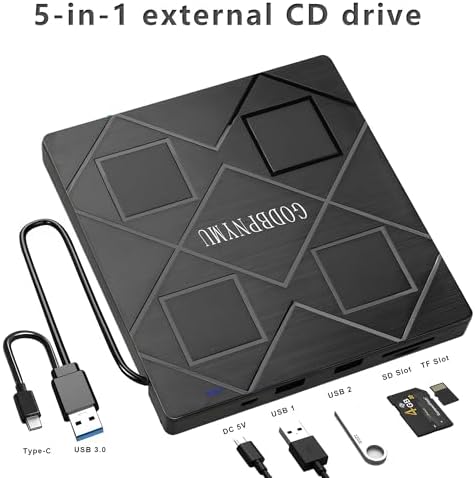 5-in-1 Extemal CD/DVD Drive for Laptop,USB 3.0 & Type-C Portable CD/DvD Rw Burner with SD/TF Card Reader &DVD-ROM Rewritable Player，Compatible with Laptop Pc Desktop, Windows11/10/8/7 Linux Mac os - Image 4