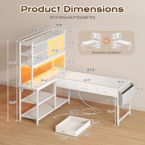 PRAISUN 57.5 Inch L Shaped Gaming Desk with Power Outlets and LED Lights - Image 3