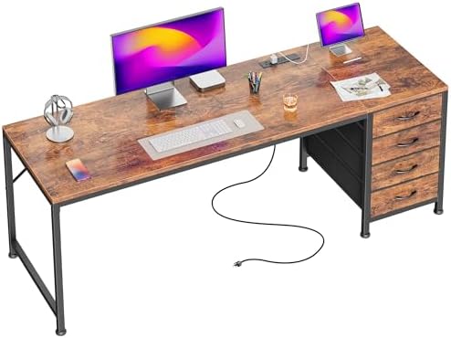 PRAISUN 63 Inch Computer Office Desk with Power Outelts and USB-C Port, Reversible Gaming Desk with 4 Fabric Drawers, Work Study Desk Work from Home, Rustic Brown by PRAISUN