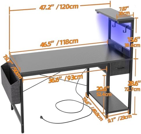 TIQLAB Gaming Desk 47 inch with Power Outlet and LED Light, Computer Desk with Reversible Shelves and Storage Drawer, Small PC Desk for Home Office Table with Bag, Carbon Fiber Black - Image 3