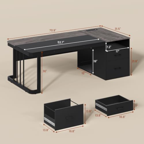 UPOSOJA 70.9" Executive Desk with Power Outlet, Large Office Desk with Drawers & Lateral File Cabinet, Modern Long Computer Desk with Adjustable Storage Shelves, Workstation Business Furniture (Grey) - Image 2