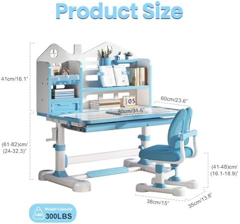 Kids Desk and Chair Set for Ages 3-12 Ergonomic Study Desk (Blue) - Image 2