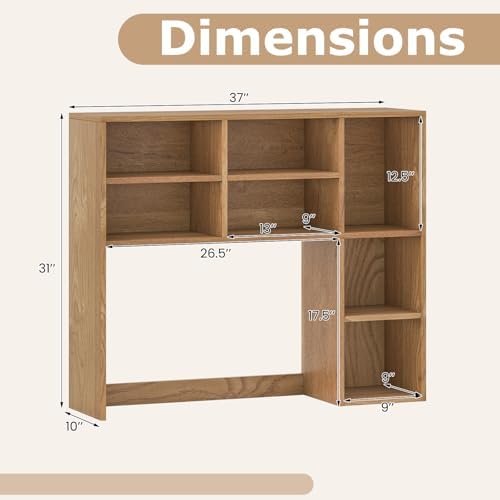 Tangkula Desktop Bookshelf, 37" Countertop Storage Hutch with 7 Cubes & 3 Adjustable Shelves, 3-Tier Desk Display Rack Organizer, Multipurpose Wood Desktop Hutch for Dorm Home Office (Natural) - Image 3