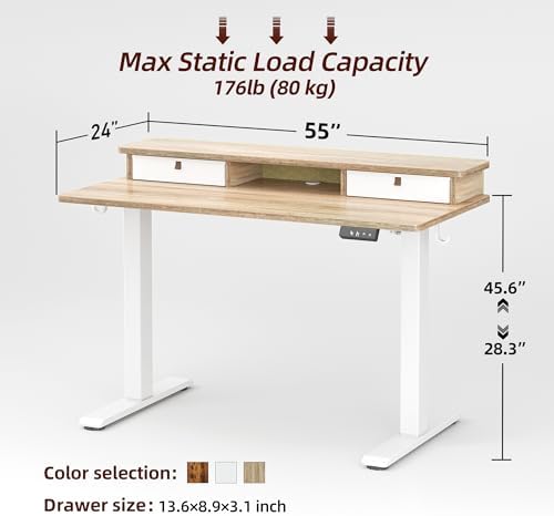 TIQLAB Standing Desk with Two Drawers, Stand Up Standing Desk Adjustable Height, Electric Sit Stand Table with Storage Shelf and Splice Board, 55 * 24 inch, Maple - Image 3