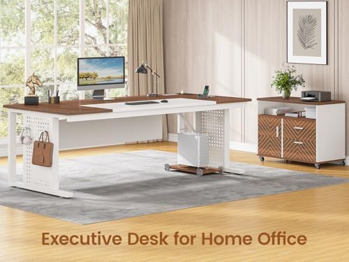 SEDETA 71" Executive Desk with Rolling File Cabinet, Large Office Desk with Drawers, L Shaped Computer Desk with Power Outlets, CPU Stand, Pegboard and Storage Shelves, White - Image 3