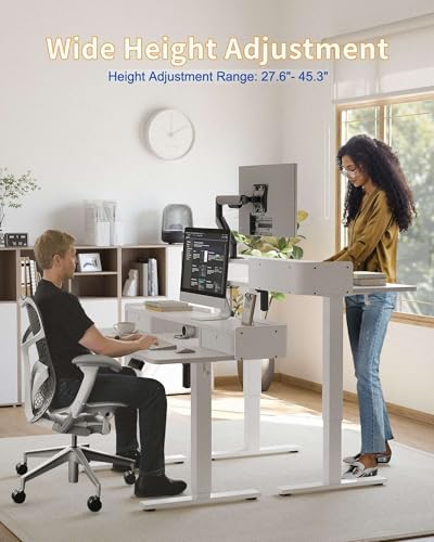 YIHAYO Electric Standing Desk with Drawers, 40 x 24 Inches Adjustable Desk with Storage Shelf, Stand Up Desk with Splice Board, Computer Table for Home Office,White Frame/White Top - Image 2