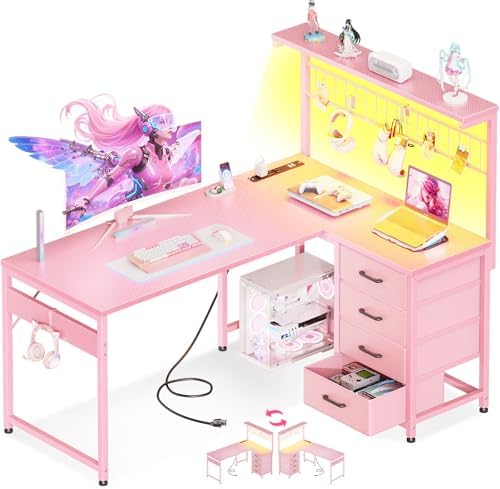 MOTPK 43" L Shaped Gaming Desk with Shelf & 4 Drawers, Carbon Fiber Pink by MOTPK