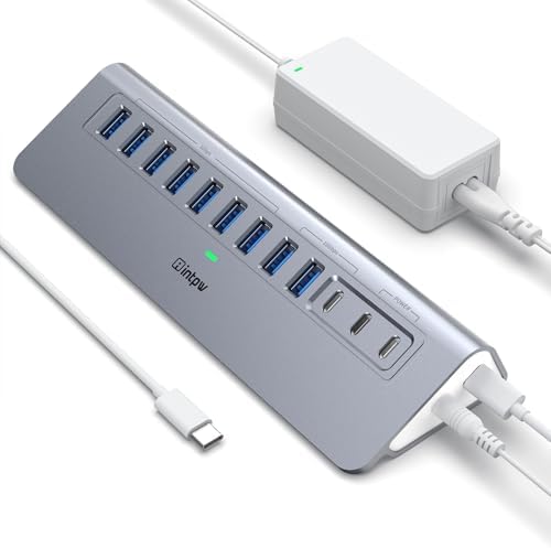 Powered USB Hub 10Gbps, intpw YH9AC 12-Port USB Splitter with USB A/USB C 3.2, 7 USB 3.0, 2 PD 45W Charging Ports, 65W Power Adapter + 3.3FT Cable, Aluminum USB Extender Hub for Laptop/PC/iPhone 16/15 by intpw