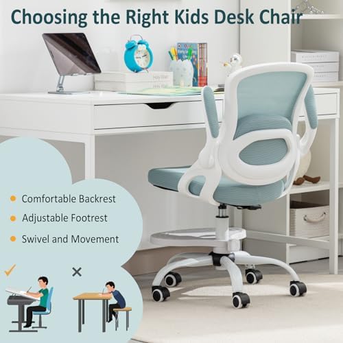 Kids Desk Chair,Ergonomic Study Chair with Adjustable Height,Swivel Mesh Desk Chair with Wheels,Home Office Chair for Children in Home Bedroom Blue - Image 4