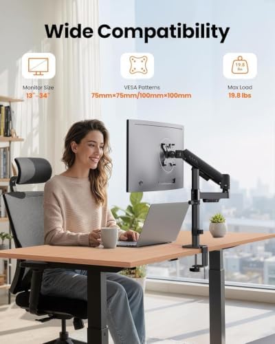 ErGear Single Monitor Arm, Adjustable Desk Gaming Monitor Mount for 13-34″ Screens, Up to 19.8 lbs, Enhanced Stability with Integrated C-Clamp, Upgraded Cable Management, VESA 75x75/100x100mm, Black - Image 2