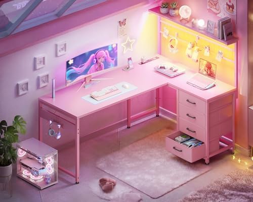 MOTPK 51" L Shaped Gaming Desk with Shelf & 4 Drawers, Carbon Fiber Pink - Image 2