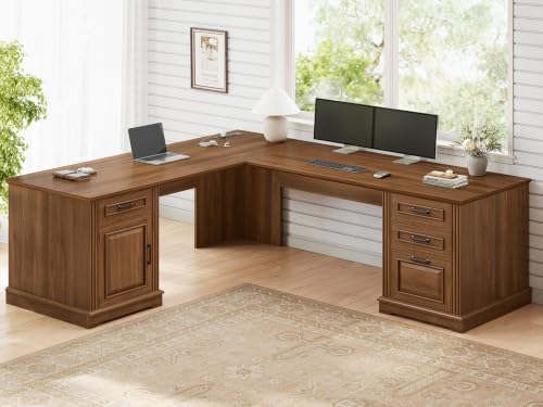 Itaar Farmhouse Executive L Shaped Desk, Home Office Desk with File Drawer and Power Outlet, Computer Corner Desk with Drawers and Storage Cabinet, Workstation for Office Home, Brown by Itaar