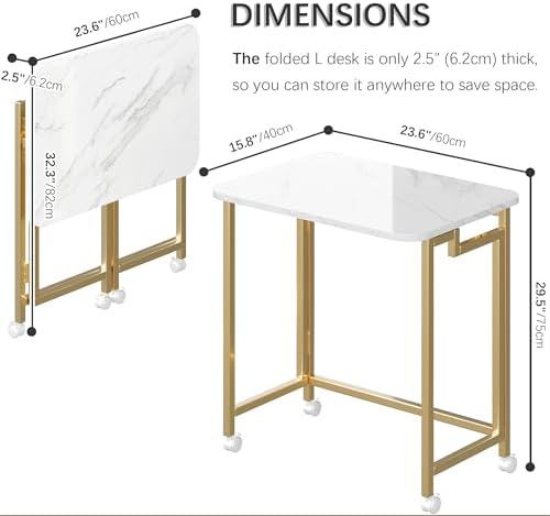 4NM 23.6" Mobile Small Rolling Computer Desk, Folding Laptop Cart Table with Wheels, Portable Office Desk for Small Space Couch Bed - White and Golden - Image 3