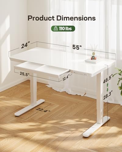 Marsail Glass Standing Desk with Drawer,55 x 28 inch Electric Standing Desk, Adjustable Height Desk with Storage & USB Charging Ports, One-Piece Standing Desk for Home & Office, White - Image 3