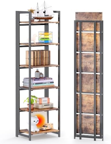 4NM No Assembly Small 6 Tier Folding Bookshelf Compact Storage Shelves Vintage Bookcase Standing Racks Study Organizer Home Office by 4NM