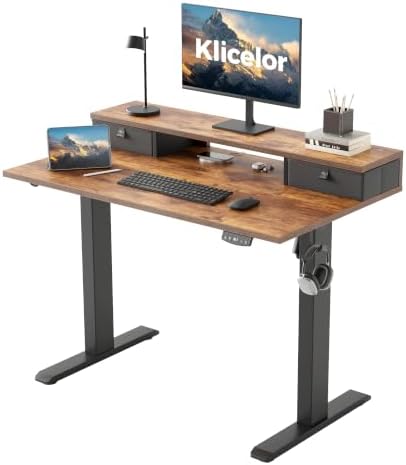 Klicelor 40 x 24 Inch Electric Standing Desk with Drawers, Adjustable Height Small Sit Stand Desk for Home Office, Compact Computer Workstation with Storage– Rustic Brown by Klicelor