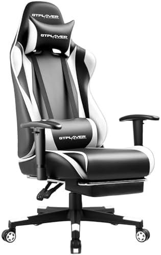 GTPLAYER Gaming Chair with Footrest, Ergonomic Computer Game Desk Chair, Reclining Gamer Chair Seat Height Adjustment, Swivel Rocker with Headrest and Lumbar (White) by GTPLAYER