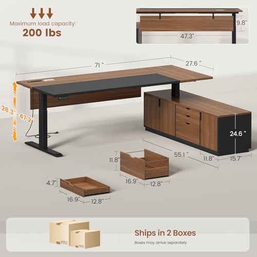 SEDETA 71" Executive L Shaped Electric Standing Desk, Brown - Image 2