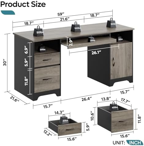 Bestier 59" Executive Desk, File Drawer, Keyboard Tray & 2 Drawers, Gray - Image 3