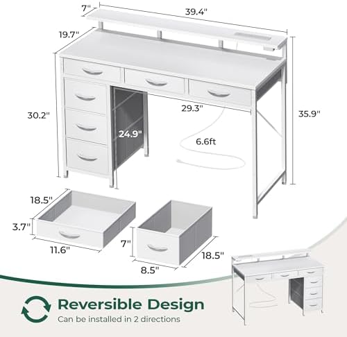 Huuger Gaming Desk with 6 Drawers, Computer Desk with LED Lights Power Outlets and Type-C, 39 Inch Office Desk with Storage, Monitor Stand, Writing Work Desk Home Office, Bedroom, White - Image 3