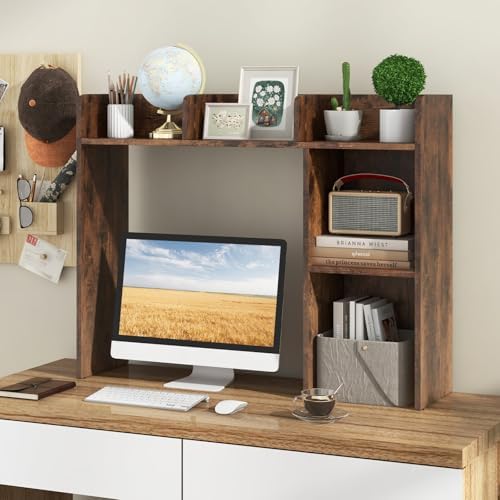 BECOMFORT Desk Hutch, Desk Organizer Shelf w/ 5 Storage Compartments, up to 27” Monitor, Wooden Display Rack, Desktop Bookshelf for Vanity Dressing Tabletop College Dorm Home & Office - Image 2