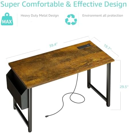 Lufeiya 40 inch Computer Desk with Power Outlet, 39 inch Teen Study Table Home Office Work Writing Desk with Charging Station Outlets Built in, Rustic Brown - Image 3